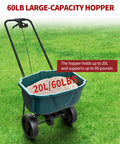 60 Lb Walk Behind Lawn And Garden Spreader with large-capacity hopper, easy flow control, and durable tires on grass
