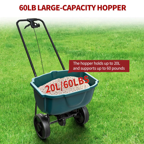 60 Lb Walk Behind Lawn And Garden Spreader with large-capacity hopper, easy flow control, and durable tires on grass