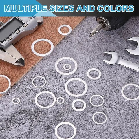 Built Tough Aluminum Flat Washers 100 Piece Pack 18X24X1.5mm Silver in various sizes and shapes on a work surface.