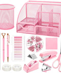 Must Have 11 Pcs Pink Office Supplies Set With Desk Organizer, Pencil Holder, Stapler, Tape Dispenser, Staple Remover, Scissors, Clips, Ruler, And Push Pins For Home Office School displayed.