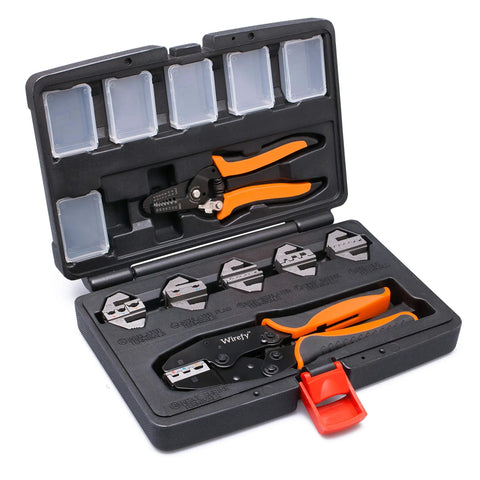 Pro Grade Crimping Tool Kit With Six Interchangeable Dies, Ratcheting Wire Crimper, Terminal Crimp Pliers, Wire Stripper in case