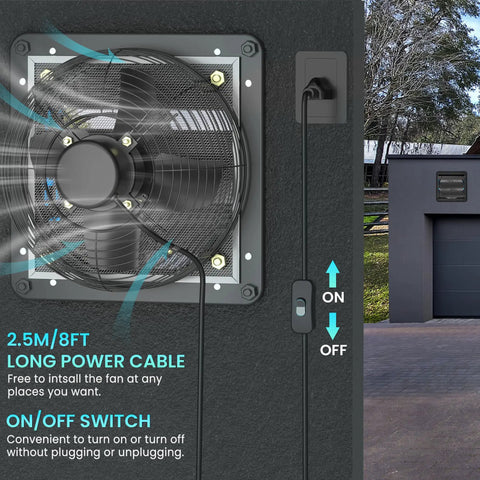 10 Inch Shutter Exhaust Fan With 647 CFM High Airflow, Whisper Quiet Low Noise Wall Mount Extractor installed on wall with power switch