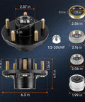 5 On 5 Trailer Idler Hub Kit Set Of 2 For 3500 Lb Axles With 5 Inch Bolt Circle, showing dimensions and components for RVs.