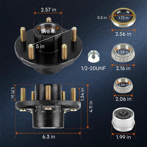 5 On 5 Trailer Idler Hub Kit Set Of 2 For 3500 Lb Axles With 5 Inch Bolt Circle, showing dimensions and components for RVs.