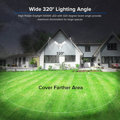 Motion Sensor Outdoor LED Flood Lights 30W 4000 Lumens 5000K Security Lighting showing 320-degree coverage on garden at night