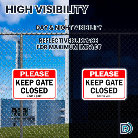 Two Pack Keep Gate Closed Signs, 7 By 10 Inch Reflective Aluminum Gate Signs for Outdoor Fences, day and night visibility.