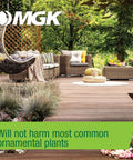 Outdoor patio with wicker furniture in a garden, promoting Sector Misting Concentrate For Mosquito And Insect Control, Long-Lasting Premise Spray For Indoor And Outdoor Use, Great For Backyards, Restaurants, Warehouses, Mills, And More, One Gallon.