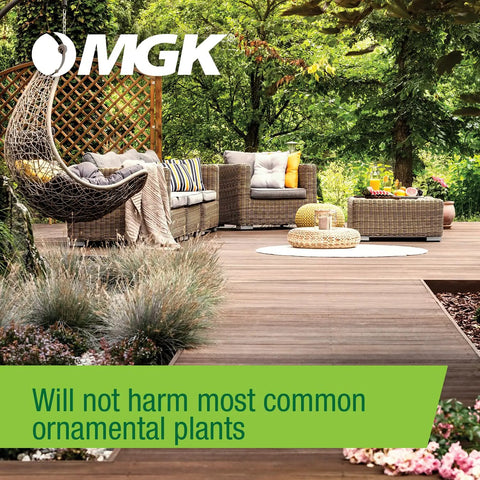 Outdoor patio with wicker furniture in a garden, promoting Sector Misting Concentrate For Mosquito And Insect Control, Long-Lasting Premise Spray For Indoor And Outdoor Use, Great For Backyards, Restaurants, Warehouses, Mills, And More, One Gallon.