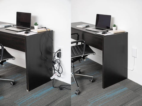 Before and after of Ultra Thin Outlet Concealer Kit With Cord Concealer And Flat Extension Cord Power Strip, tidy home office setup.