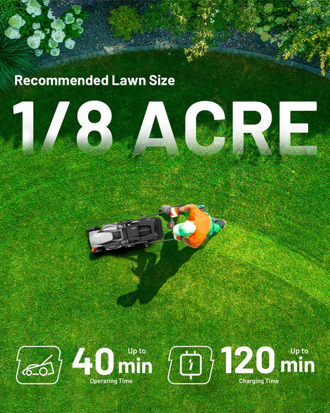 Cordless 14 Inch Lawn Mower With Brushless Motor, 2x5Ah Battery And Fast Charger, Lightweight Yard And Garden Tool For Small To Mid Sized Yards, 5 Height Adjustments, No Gas Or Cords, No Fuss Easy Start, Great For Quick Mows, 1/8 acre lawn size graphic