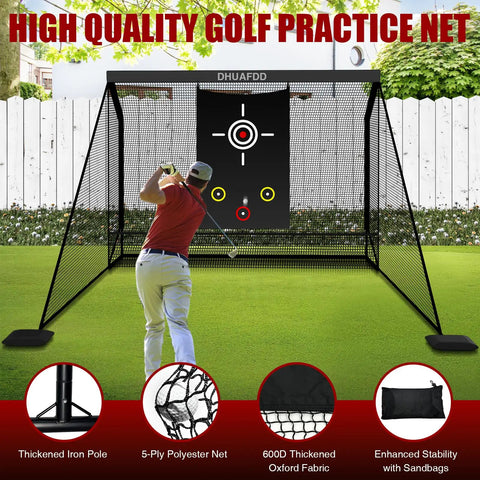 Heavy Duty Golf Hitting Net With Target Cloth 10 X 7.5 Feet Side Barriers Backyard Practice Net in use outdoor setting