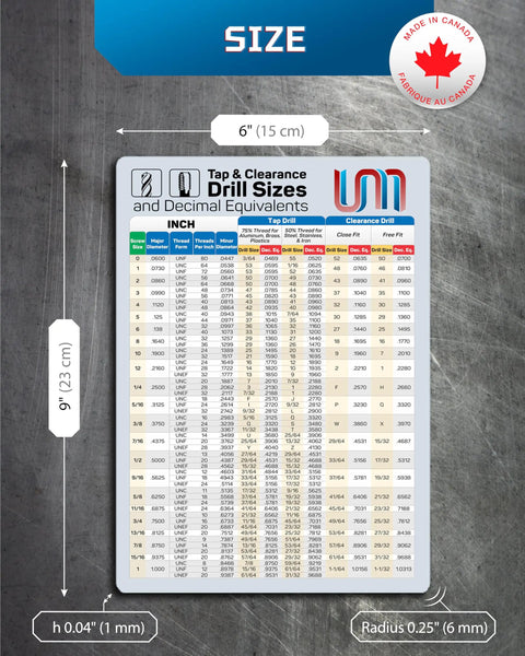 Heavy Duty Magnetic Drill Guide Poster Featuring Inch Tap And Clearance Sizes With Hassle Free Decimal Swaps Quick Reference Sheet showing drill sizes and dimensions.