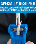 FTTH Riser Cable Slitting Tool For 8 To 14 mm Diameter Round Cables shown shaving longitudinal window in cable