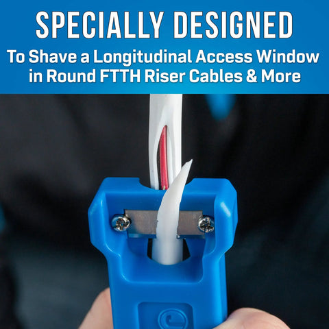 FTTH Riser Cable Slitting Tool For 8 To 14 mm Diameter Round Cables shown shaving longitudinal window in cable