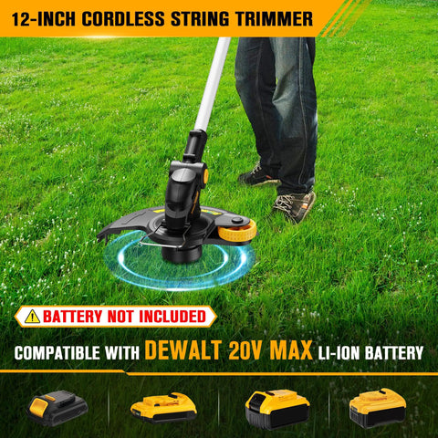 Cordless String Trimmer For DeWalt 20V Max Battery Bare Tool 12 Inch Weed Eater in use on grass, battery not included