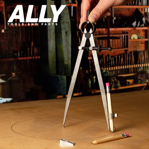 Precision Locking Woodworking Compass Draws Arcs From Two To Sixteen Inches With Quick Adjust Wingnut in action on wood surface.