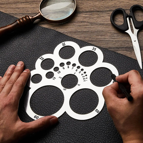 Leather Corner Punch Set And Circle Template Tool For Leather Crafting Portable Round Corner Ruler Cutting Guide in use on leather