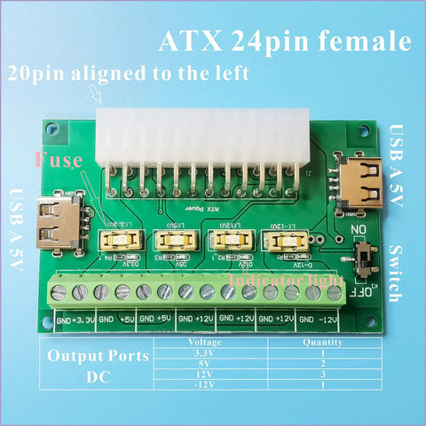 Top view of an ATX Power Supply Breakout Board Splitter Module for Desktop Use, with USB A hub connector and multiple power outputs.