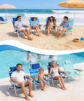 People sitting in Extra Wide Beach Chair With 5 Position Lay Flat Recline Built Tough For Adults, Heavy Duty 500 Lb Capacity, XL Oversized Portable Folding Camping Chair With Cup And Phone Holders For Outdoor Trips at the beach and poolside.