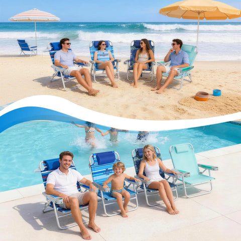 People sitting in Extra Wide Beach Chair With 5 Position Lay Flat Recline Built Tough For Adults, Heavy Duty 500 Lb Capacity, XL Oversized Portable Folding Camping Chair With Cup And Phone Holders For Outdoor Trips at the beach and poolside.