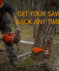 NEO-TEC six-pack orange plastic tree felling wedges; side view of worker using chainsaw at a stump