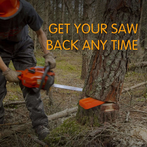 NEO-TEC six-pack orange plastic tree felling wedges; side view of worker using chainsaw at a stump