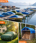 Boats, car, and firewood covered with 3 Pack 10 Foot By 10 Foot Heavy Duty Waterproof Tarps With Grommets 5.5 Mil Thick PE Ground Cover