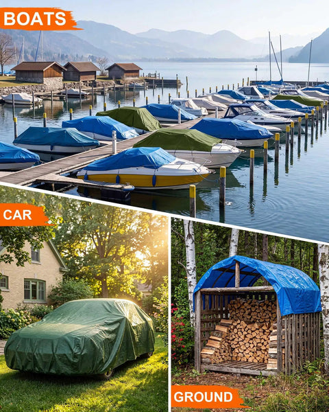 Boats, car, and firewood covered with 3 Pack 10 Foot By 10 Foot Heavy Duty Waterproof Tarps With Grommets 5.5 Mil Thick PE Ground Cover