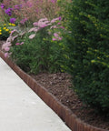 Brown Lawn And Landscape Border Edging For Garden Beds And Walkways With Flexible Design lining a flower bed along a sidewalk.