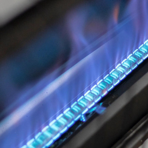 Close-up of blue flame in 30,000 BTU Vent Free Blue Flame Propane Heater With Battery Ignition, No Electricity Needed, Adjustable Thermostat