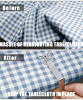 Heavy Duty Beefy Stainless Steel Tablecloth Clips 10 Pack For Outdoor Picnic Tables Windproof Cover Clamps For Thick Tables Universal Fit For Parties Weddings Home Restaurants RVs Camping Accessories before and after use shown on blue checkered tablecloth.