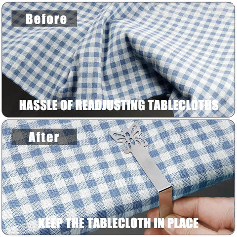 Heavy Duty Beefy Stainless Steel Tablecloth Clips 10 Pack For Outdoor Picnic Tables Windproof Cover Clamps For Thick Tables Universal Fit For Parties Weddings Home Restaurants RVs Camping Accessories before and after use shown on blue checkered tablecloth.