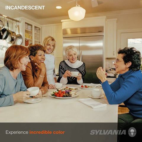 Group of women enjoying tea and conversation under incandescent lighting in a modern kitchen, highlighting warm ambiance.