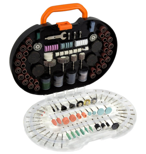 Open view of All In One 327 Piece Rotary Tool Accessory Kit With Carrying Case showing organized tools for sanding, carving, and more