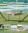 Two Person Hammock With Adjustable Steel Stand And Pillow For Easy Outdoor Lounging, Heavy Duty Portable Set, Handles Up To 450 Lbs, Perfect For Patio Garden Beach Backyard Camping And Chill Sessions, on grass near a lake