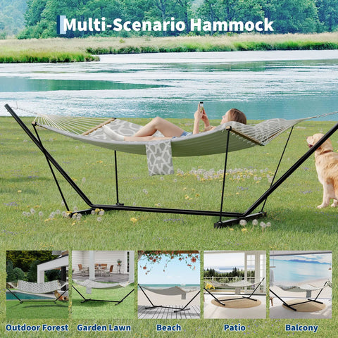 Two Person Hammock With Adjustable Steel Stand And Pillow For Easy Outdoor Lounging, Heavy Duty Portable Set, Handles Up To 450 Lbs, Perfect For Patio Garden Beach Backyard Camping And Chill Sessions, on grass near a lake