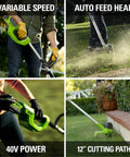 Man using 40V Cordless String Trimmer With 12 Inch Cutting Path And Auto Feed Head Lightweight Weed Eater For Your Lawn And Yard A Real Workhorse Battery And Charger Not Included Model BST4000 on grass and garden edges.