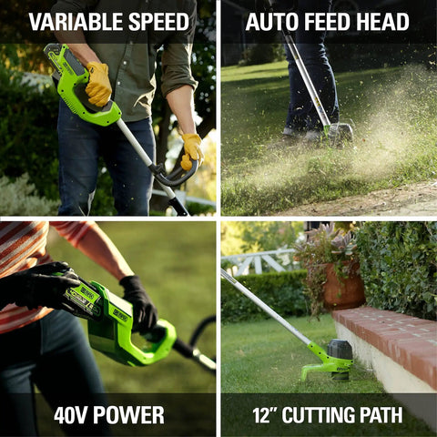 Man using 40V Cordless String Trimmer With 12 Inch Cutting Path And Auto Feed Head Lightweight Weed Eater For Your Lawn And Yard A Real Workhorse Battery And Charger Not Included Model BST4000 on grass and garden edges.