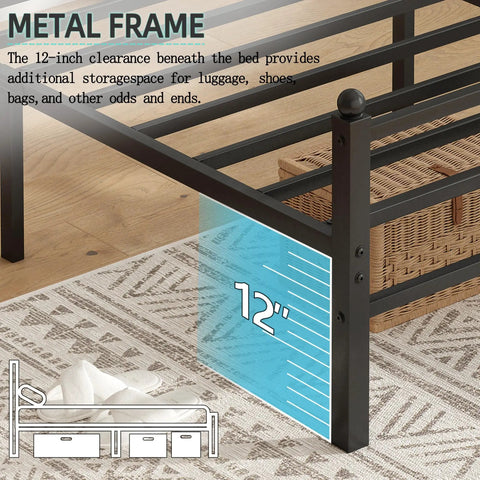 Built Like A Tank Metal Platform Bed Frame With Headboard And Footboard, 14 Inch Full Size Steel Slat Base, No Box Spring Required, Quiet Comfort With Ample Underbed Storage, No Fuss Assembly, Black showing 12 inch clearance for storage.