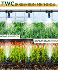 65 Feet Greenhouse Watering System With Adjustable Misting Nozzles showcasing hanging and spray stake irrigation methods.