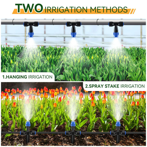 65 Feet Greenhouse Watering System With Adjustable Misting Nozzles showcasing hanging and spray stake irrigation methods.