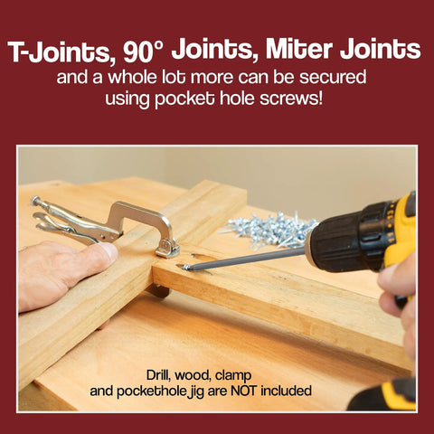 Using Washer Head Pocket Hole Screws Zinc Coated Number Eight By One And A Quarter Inch in wood joint assembly with clamp.