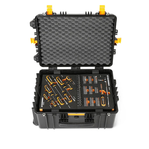 Heavy Duty Tool Carrier With Wheels For Pro Mechanics Military Grade Polypropylene Construction Four Foam Protected Trays For Standard Hand Tool Sets Mobile Toolbox Built To Keep Your Tools Ready open with foam trays and organized tools inside.