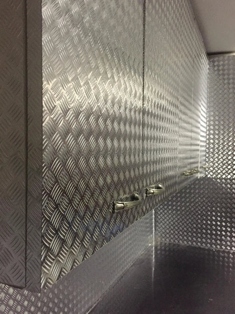 Diamond Plate Vinyl Wrap Roll With Anti Slip Traction Pattern Metallic Chrome Finish on wall cabinets and counter