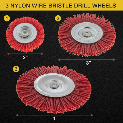 Three red nylon wire bristle drill wheels in 2, 3, and 4 inch sizes for Six Piece Coarse Abrasive Nylon Bristle Cup Brush Set.