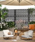Outdoor Metal Privacy Screen Dope 72 Inch Tall by 46 Inch Wide Freestanding Decorative Fence in patio setting with plants