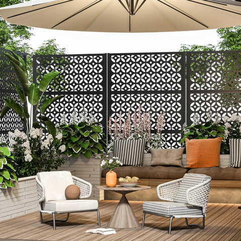 Outdoor Metal Privacy Screen Dope 72 Inch Tall by 46 Inch Wide Freestanding Decorative Fence in patio setting with plants