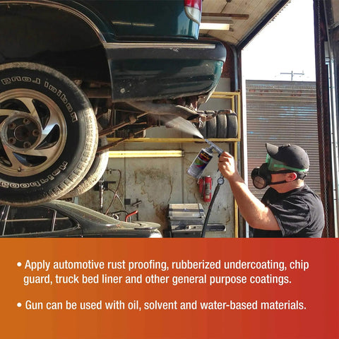 Professional Grade Lightweight Pneumatic Undercoating Spray Gun For Automotive Rust Proofing in action, applied on vehicle underside.