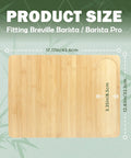 Size chart for Premium Bamboo Sliding Tray For Small Espresso Machines, showing dimensions and fit for Breville Barista models.