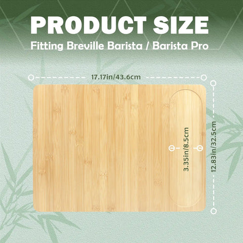 Size chart for Premium Bamboo Sliding Tray For Small Espresso Machines, showing dimensions and fit for Breville Barista models.